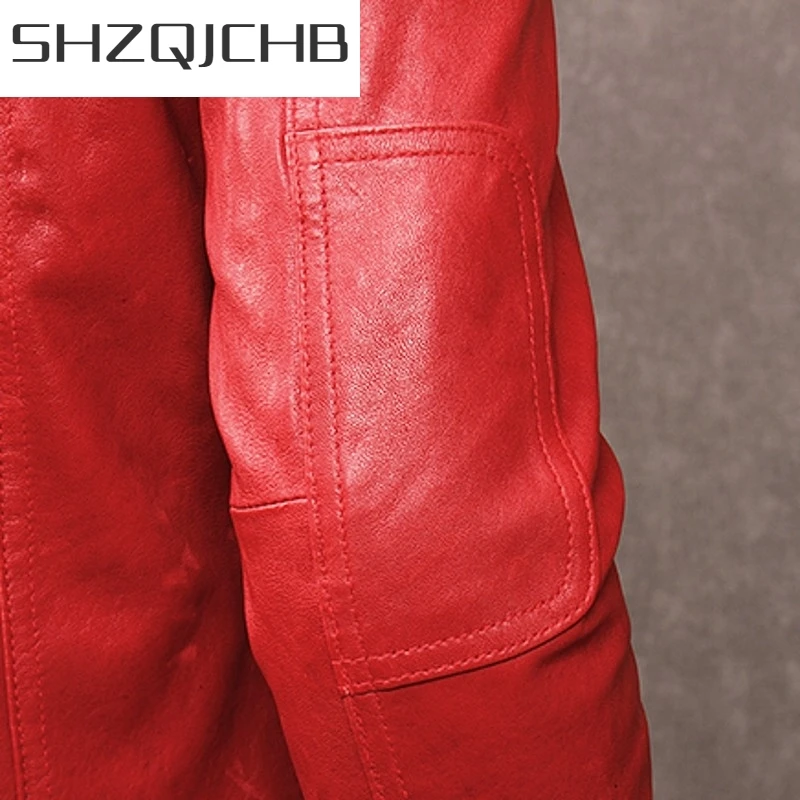 

JCHB 2021 Autumn New Men Goatskin Genuine Leather Jacket Korean Brand Slim Fit Causal Pockets Single Breasted Red Leather Coat P