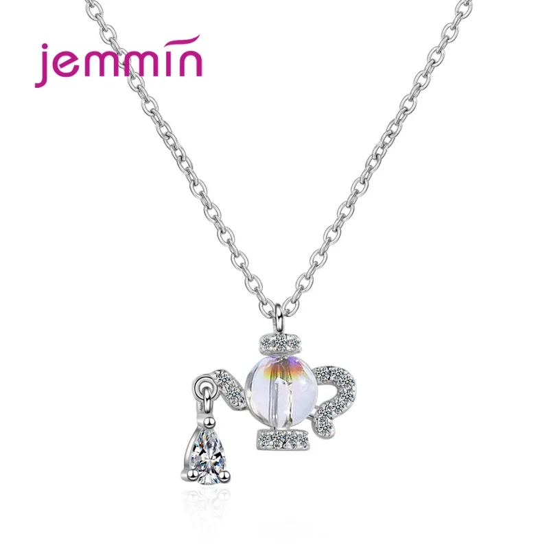 

Novel Design Teapot & Water Drop Pendant Necklace Genuine 925 Sterling Silver Necklace For Women Girls Wedding Party Jewelry