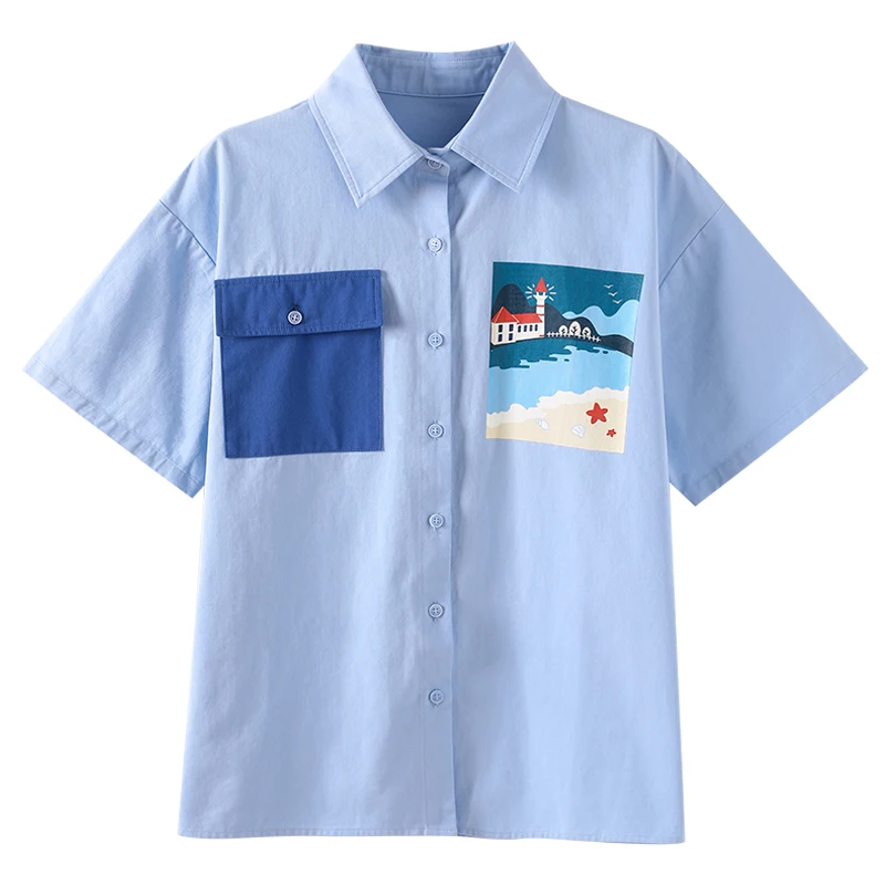 

Blue shirt women's new summer 2021 lazy style fashion versatile Korean style top short sleeve Hong Kong style shirt