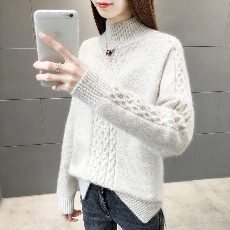 

Утепленный свитер с полувысоким воротником, женский новый корейский Свободный пуловер с переплетением, вязаная нижняя рубашка и женская од...