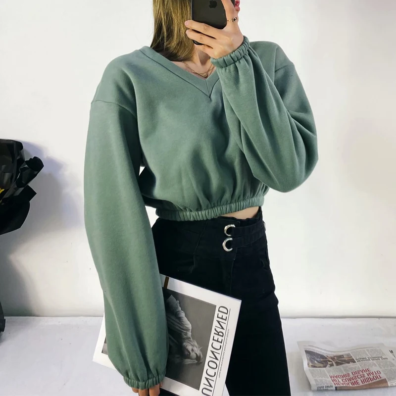 

Autumn Cotton Casual fleece Sweatshirt winter new women's solid color plus velvet sexy V-neck short sweatshirts japanese fashion