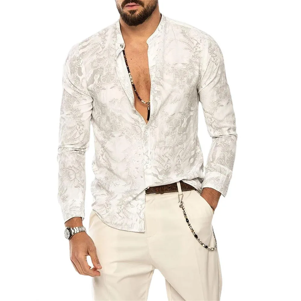 

2021 Summer Tops Printed Men's Shirts Casual V-Neck Sexy Long Sleeve Men's Clothes Fashion Daily Pullover Tops