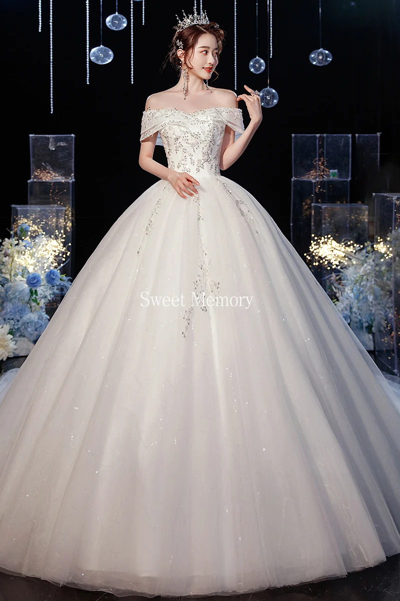 

2021 Bride Simple Long Wedding Dress With Train Women Boat Neck Lace Up Net Tulle Wedding Dresses Princess Vestidos Sweet Memory