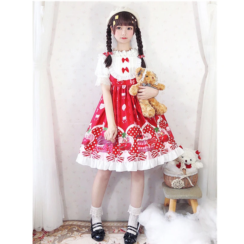 

Sweet Lolita JSK Dress Cherry Print Bows Red Lolita Jumper Skirts
