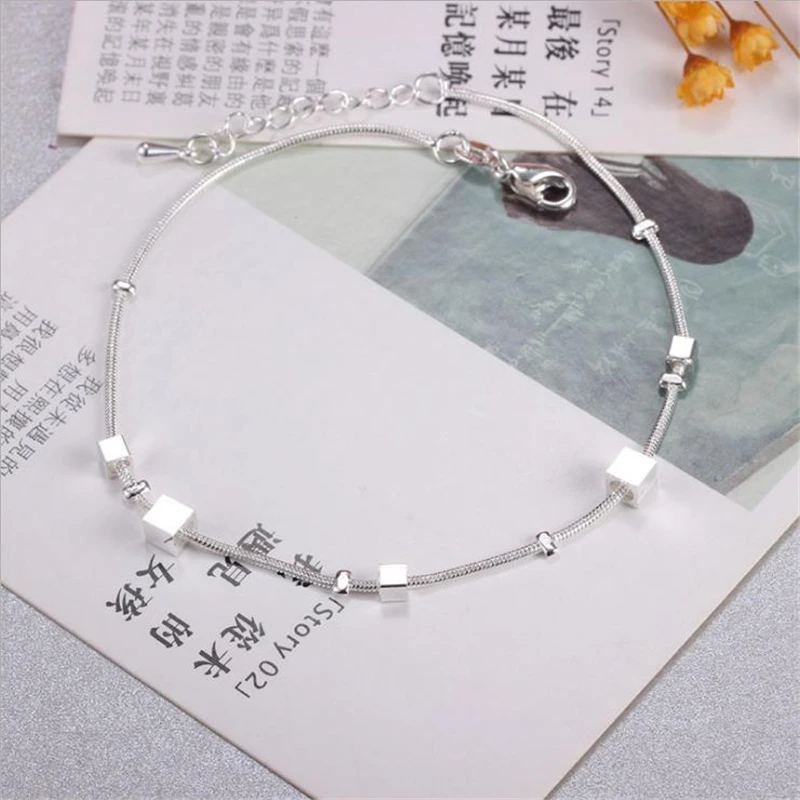 KOFSAC New Fashion 925 Sterling Silver Anklets For Women Chic Square Bead Foot Chain Bracelets Jewelry Lady Holiday Party Gifts
