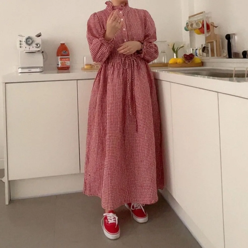 

Korean Fashion Autumn New 2021 Plaid Women Dress Bandage Solid Color Japanese Style Loose Casual Long Sleeve Simplicity Long