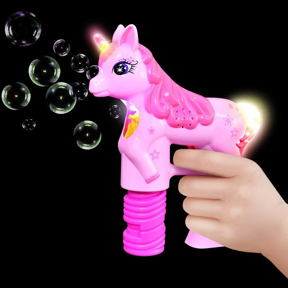 

Unicorn Bubble Shooter Gun Battery Operated Bubble Blower Machine Toys LED Flashing Lights Noise-Free Design Cartoon Water Gun