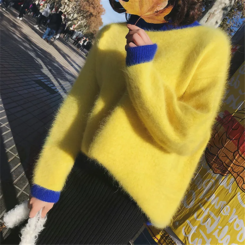 

Mohair Thick Knitted Loose Lazy Warm Sweater Tops Elegant Autumn Winter Women Mink Cashmere Soft Long Pullovers Fashion