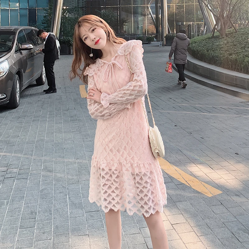 

Women vintage crane flower print hem ruffles knee length Dress ladies long sleeve lace up vestidos casual slim Dresses