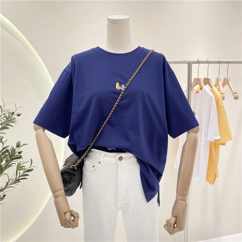 

2021 Summer Embroidered Pattern Female Tee Loose Slimming Simple Cotton T-shirt Short Sleeve Round Neck Pullover Women Top