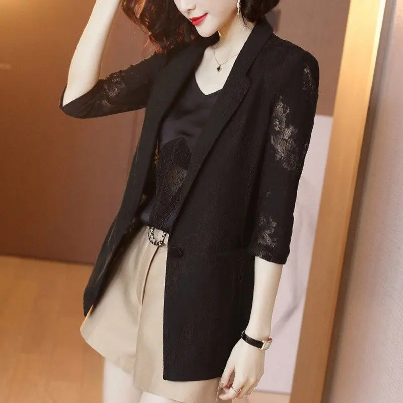 

Spring Slim Jacket Women Air Conditioning Sunscreen Blazer Coat Female Solid Color Casual Thin Short Lace Blouse Top X273