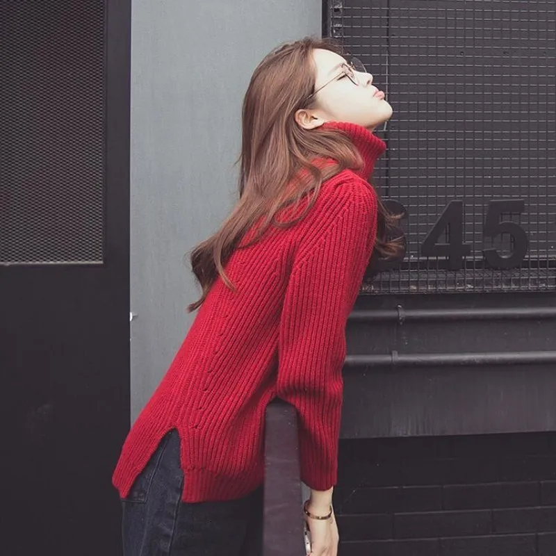 Модная Повседневная Женская водолазка корейский Свободный пуловер с длинными