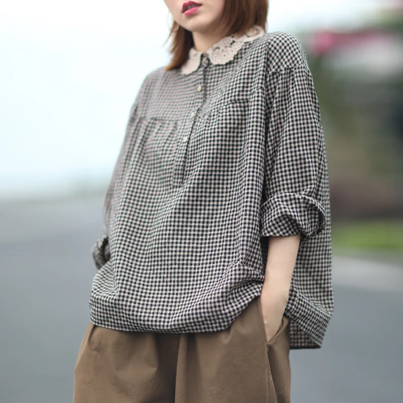 

2021 Autumn Women Fashion Lace Crochet Turn-Down Collar Plaid Floral Blouse Buttons Vintage Casual Loose Retro Oversize Shirts