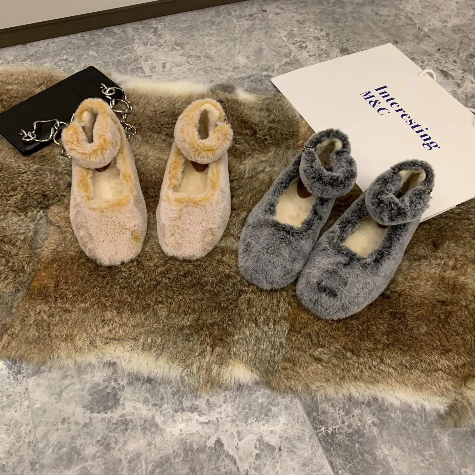 Женские Меховые Туфли Мэри Джейн на ремешке с пряжкой и круглым носком Зимние