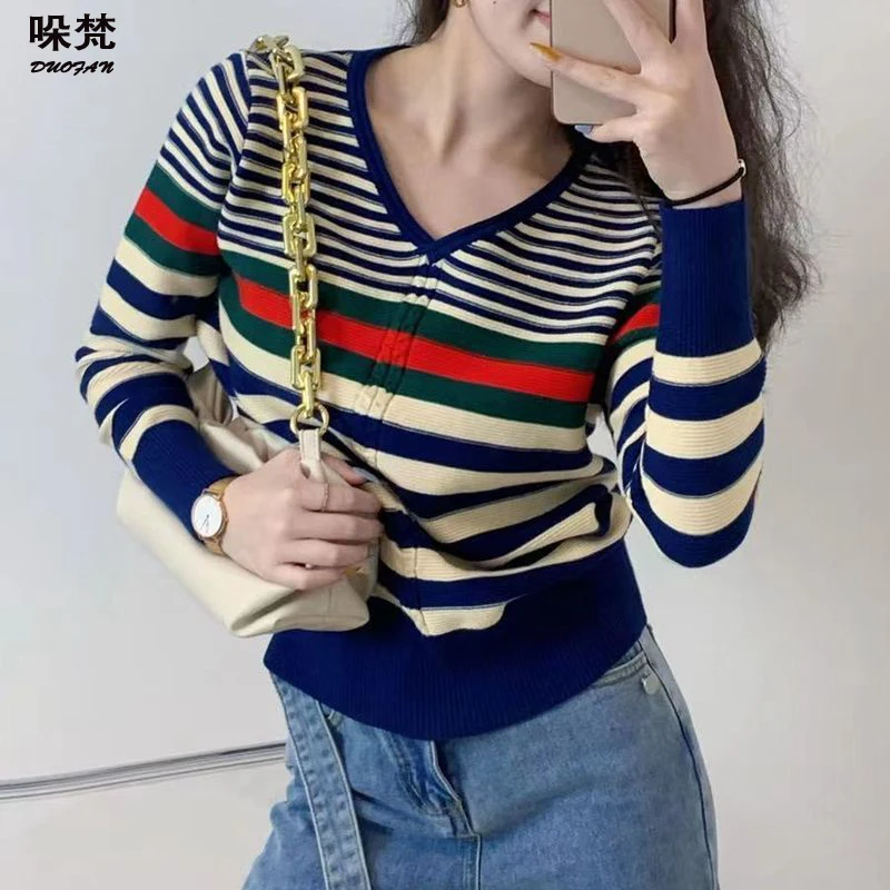 

DUOFAN Striped Sweater Women Print V Neck Knitted Pullover Long Sleeve Top Korean Fashion Slim Fit Jumper Chic Knitwear