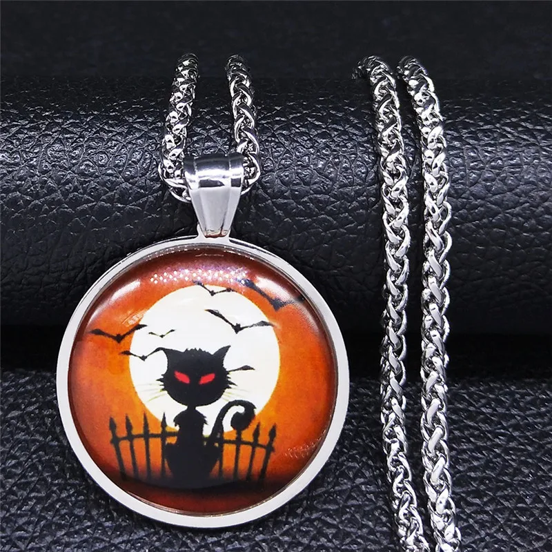 

Goth Bat Black Cat Glass Stainless Steel Chain Necklaces Men/Women Silver Color Long Necklace Jewelry collares de mujer NXS03