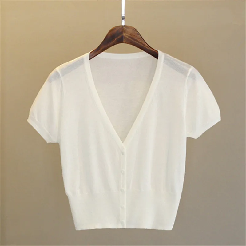 

Модные летние футболки для женщин, пуловер, вязаные укороченные топы, повседневные футболки с V-образным вырезом, однотонная белая футболка ...