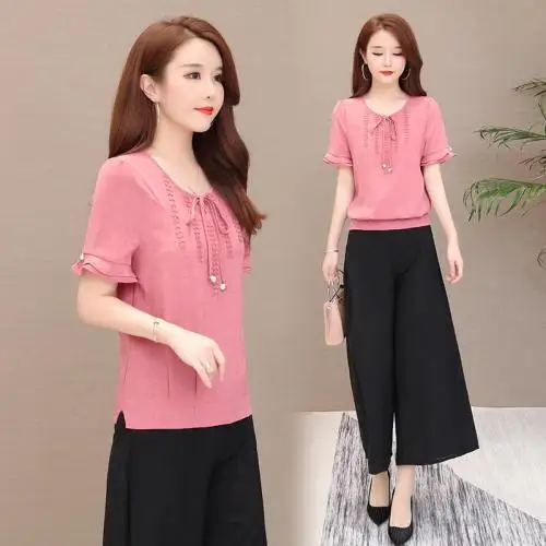 

Office Lady Women Two Piece Outfits Summer Elastic Waist Wide Leg Pants Ensemble Femme Deux Pieces Conjunto Feminino