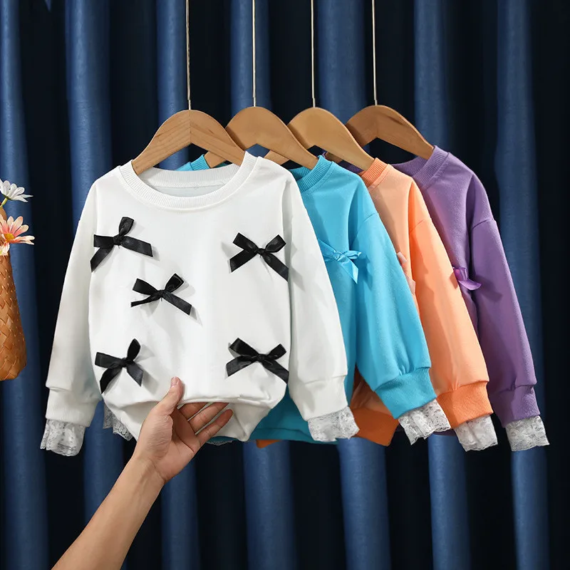 

Toddler Girls Sweater 2021 New Autumn Fashion Child Clothing Cute Bow Loose Lace Pullover Long Sleeve Top 2-6 Years Kids Costume