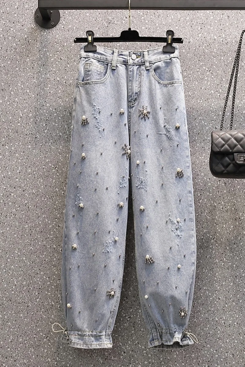 

Plus Size Jeans for Women 2021 Spring/Summer New Style High Waist Slimming Harem Pants Fashion Bead Denim Jeans for Fat Girls