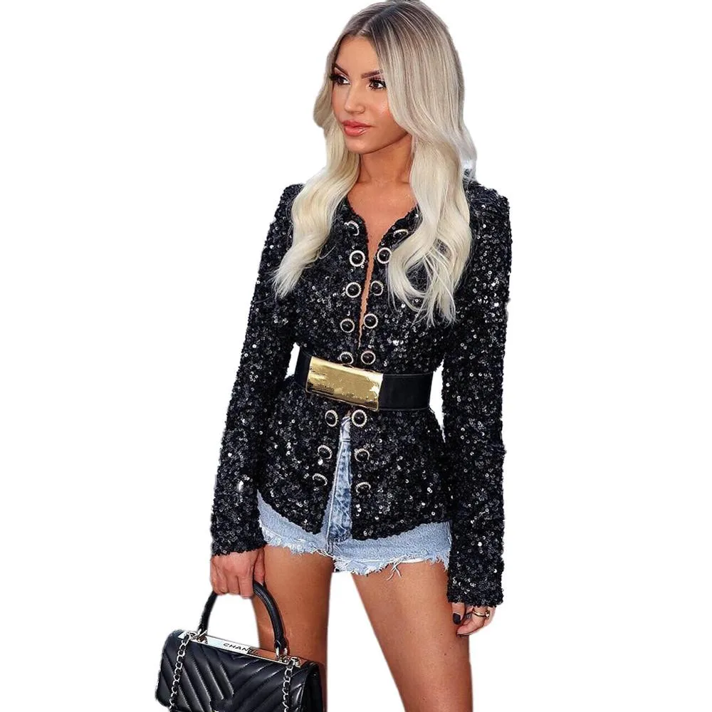 Женское пикантное блестящее пальто с длинным рукавом и блестками коллекция 2021