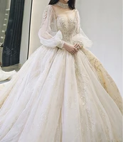 new lace ball gown wedding dresses long sleeves muslim bridal dresses luxury court champagne wedding gowns 2021 robe de mariee