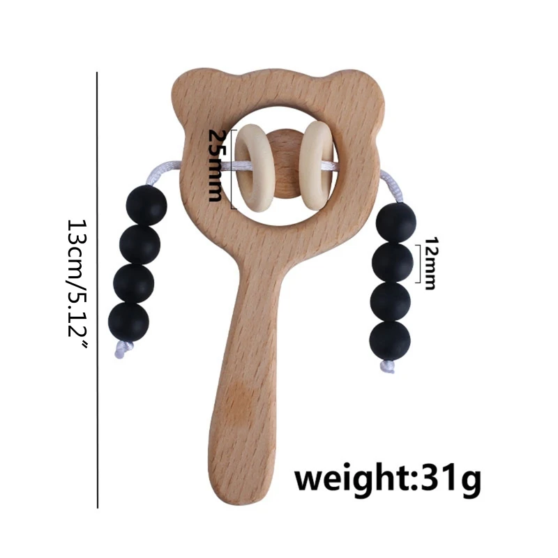 

Baby Beech Teether Bell Rattle Silicone Beads Soother Molar Toddler Teething Toy