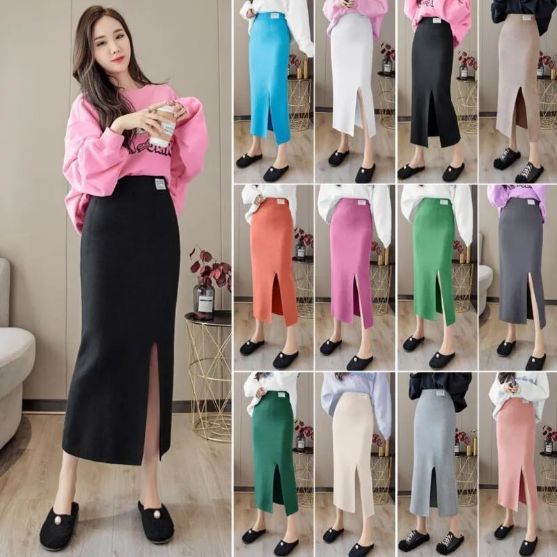 

New High Waist Women Knitted Skirt Spring Autumn Fashion Elegant All-match Sexy Casual Solid Straight Midi Knitted Skirt