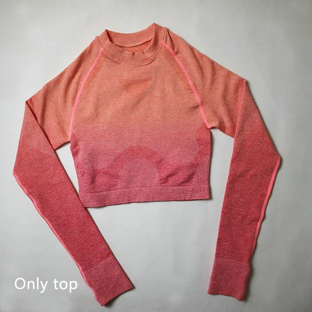 Orange top 3 шт., бесшовный комплект для йоги с эффектом омбре, женская одежда для тренировок, спортивный бюстгальтер, топы с длинными рукавами, леггинсы, набор для бега, фитнеса, спортзала, женская спортивная одежда - Цвет: Orange top