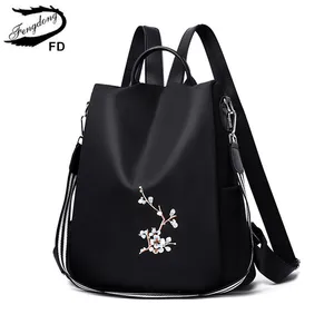Женский винтажный рюкзак Fengdong, Черный Водонепроницаемый школьный или дорожный рюкзак из ткани Оксфорд с защитой от кражи, украшенный цветами, осень 2019
