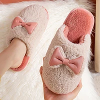 winter warm home women fur slippers cute lovely bowknot shoes soft indoor bedroom house slippers men lovers couple floor shoes