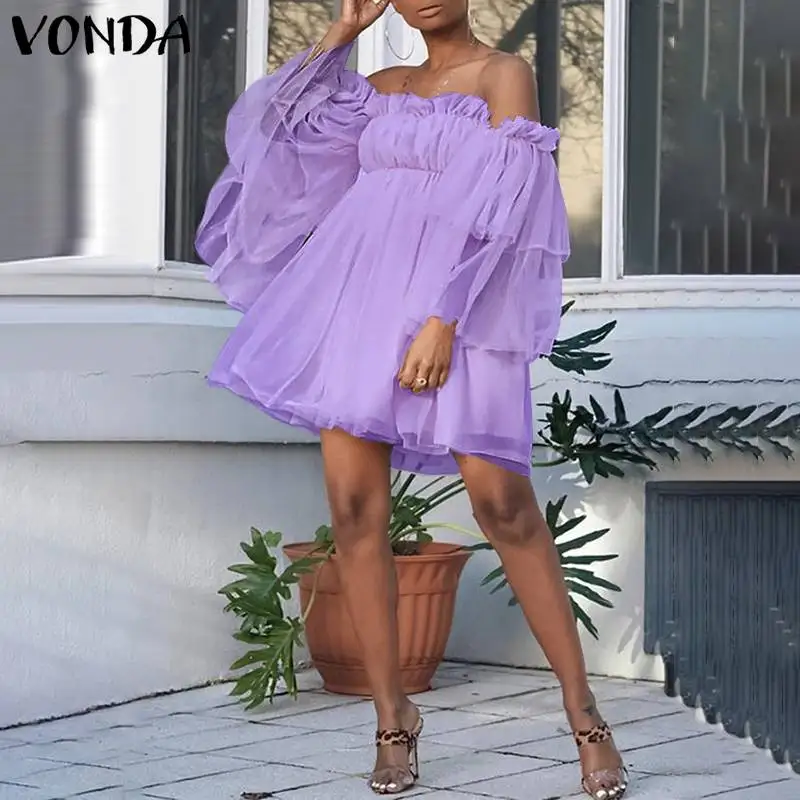 

Sexy Off Shoulder Dress 2021 VONDA Women Mesh Lace Dress Sexy Solid Beach Sundress Long Sleeve Pleated Party Ruffled Vestidos