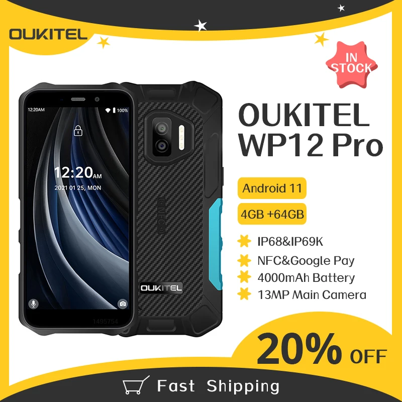 OUKITEL WP12 Pro 4 Гб + 64 NFC IP68 Водонепроницаемый прочный смартфон 5 ''HD MT6762D Octa Core Android 11