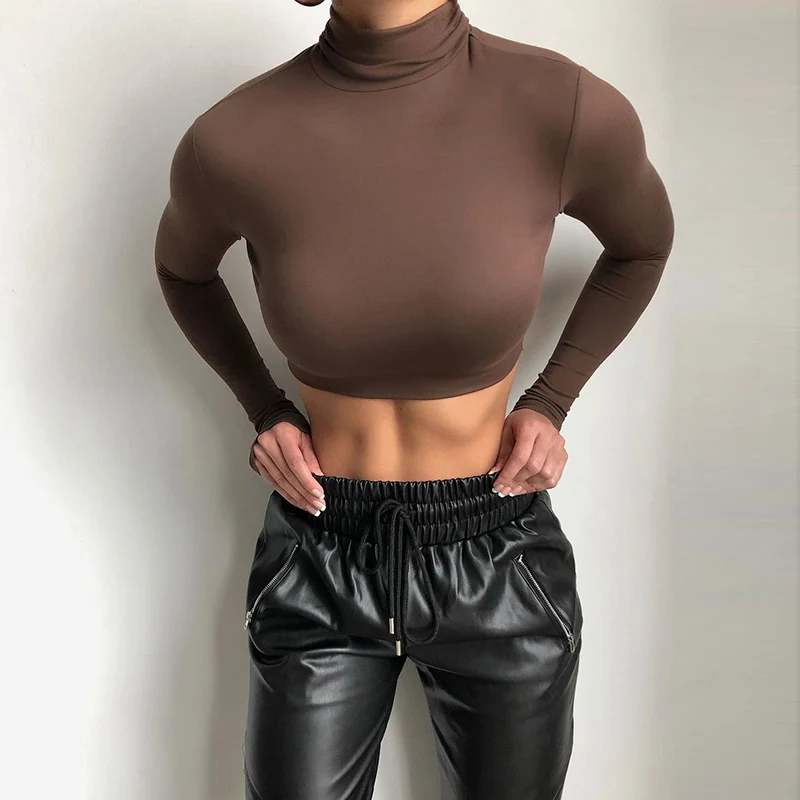 

Casual Brown Y2k Turtleneck Long Sleeve Femme Black Short Women's T-Shirts 2020 Fashion Solid Basic White Crop Top Streetwear