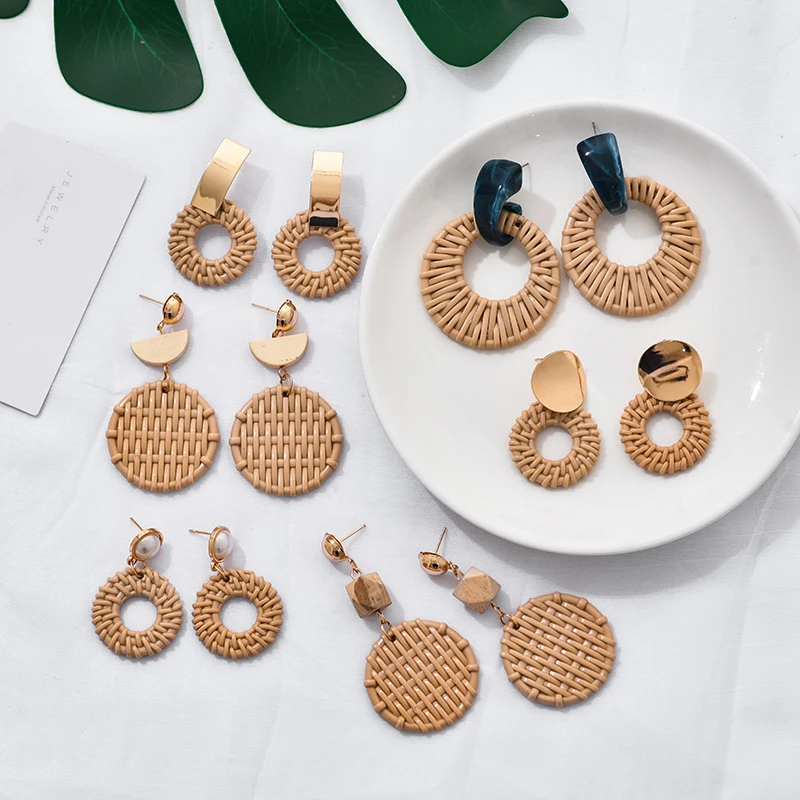 

Korea Bohemia Handmade Geometric Drop Earrings For Women Imitation Rattan Straw Weave Knit Vine Earring Vacation Party Jewelry