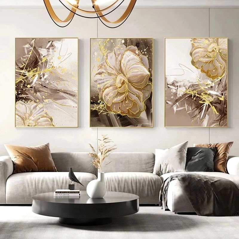 

HD Printed Modular Pictures Floral Canvas Painting Abstract Gold Foil Flower Poster For Living Room Home Decor Wall Art No Frame