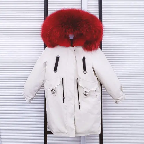 Khaki Red Новинка года, парки с натуральным мехом для мальчиков и девочек зимняя детская куртка Xlong пальто с капюшоном из натурального меха енота Съемная подкладка из кроличьего меха - Цвет: Khaki Red