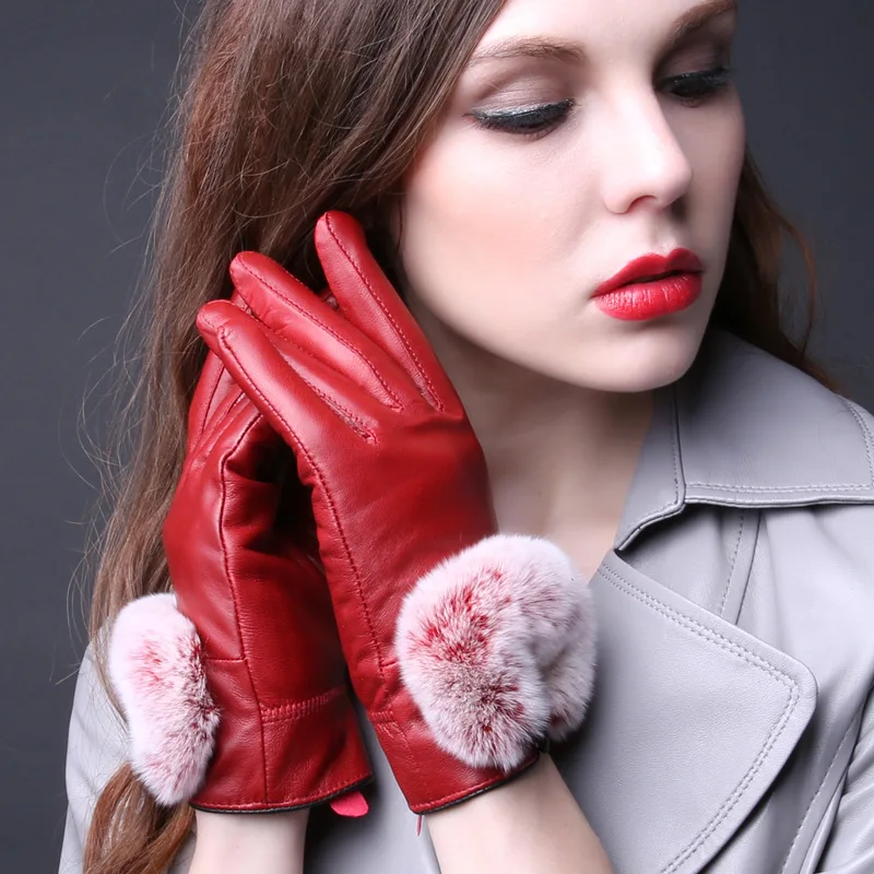 

Women Winter Sheepskin Gloves Ladies Rabbit Fur Windbreak Warm Thicken Mitten Cycling Skiing Fashion Leisure Real Leather Gloves