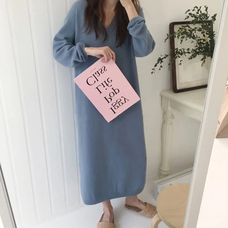 Сезон осень-зима Однотонный вязаный хлопковый свитер платья для женщин в стиле