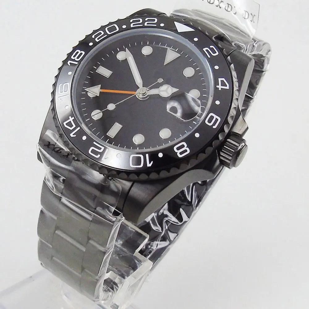 

40MM Sterile Dial Steel PVD Coated Sapphire Glass Date GMT Mechanical Clear Glass Back Automatic Mens Wristwatch