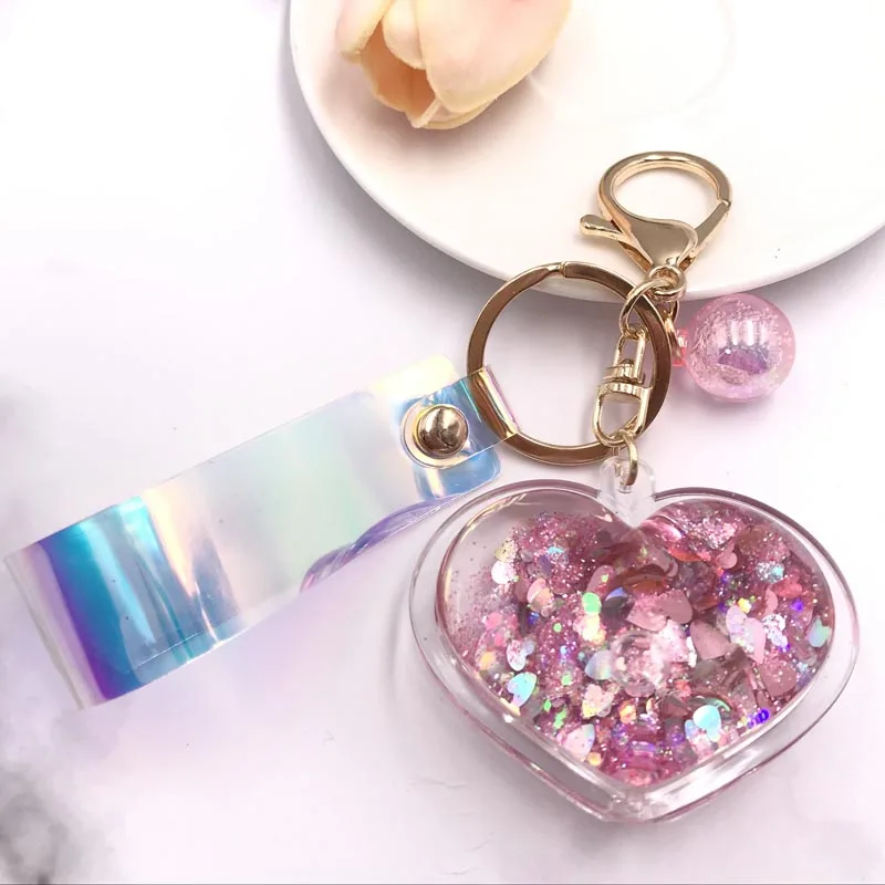 

Heart Quicksand Key Chains Laser Acrylic Magic Love Key Ring Moving Liquid Keychain Porte Cles Llavero for Women Key Ring EH396