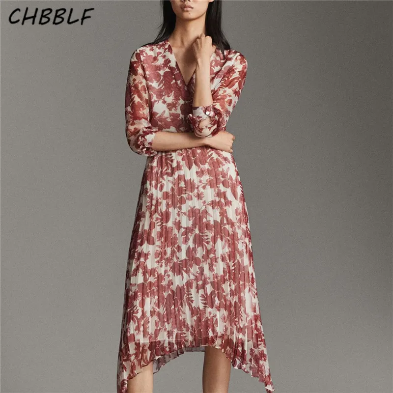 Женское винтажное платье-миди с цветочным принтом V-образным вырезом и боковой