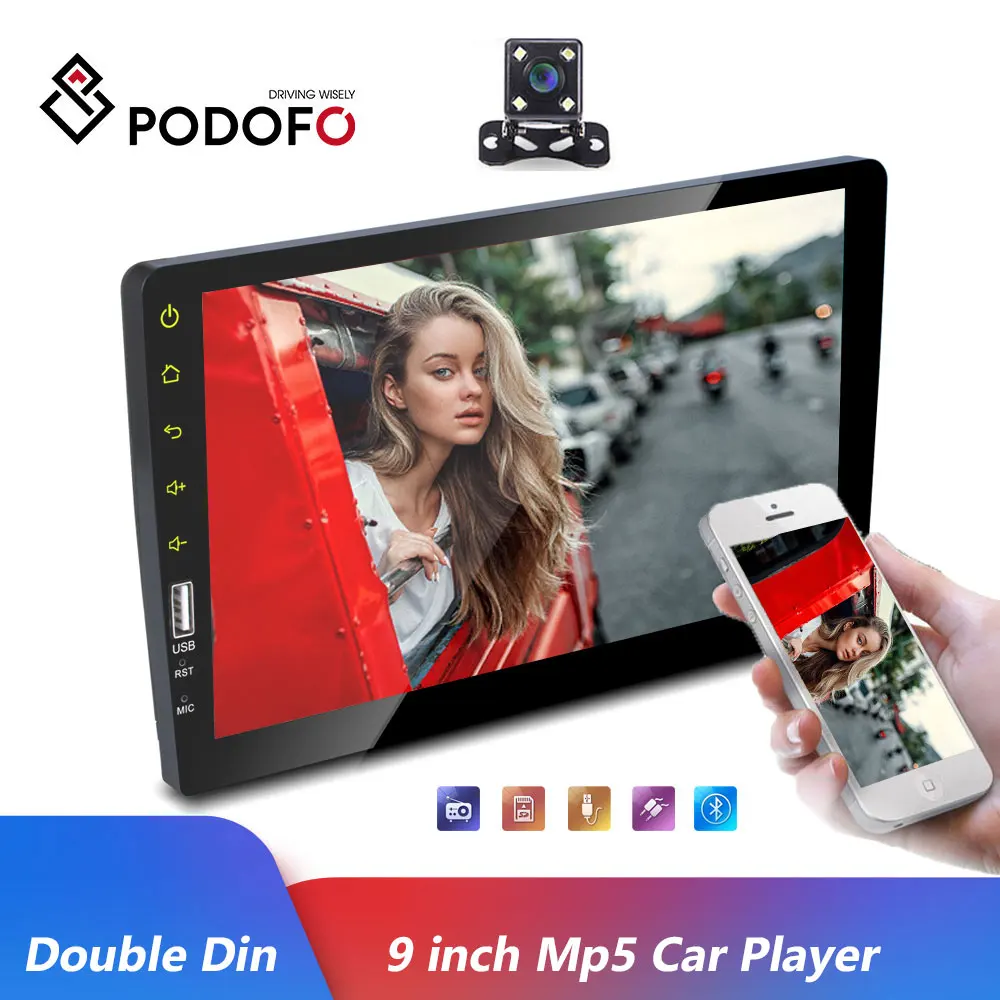 Podofo 2 Din автомобильный радиоприемник 9 дюймов Android IOS зеркальная связь