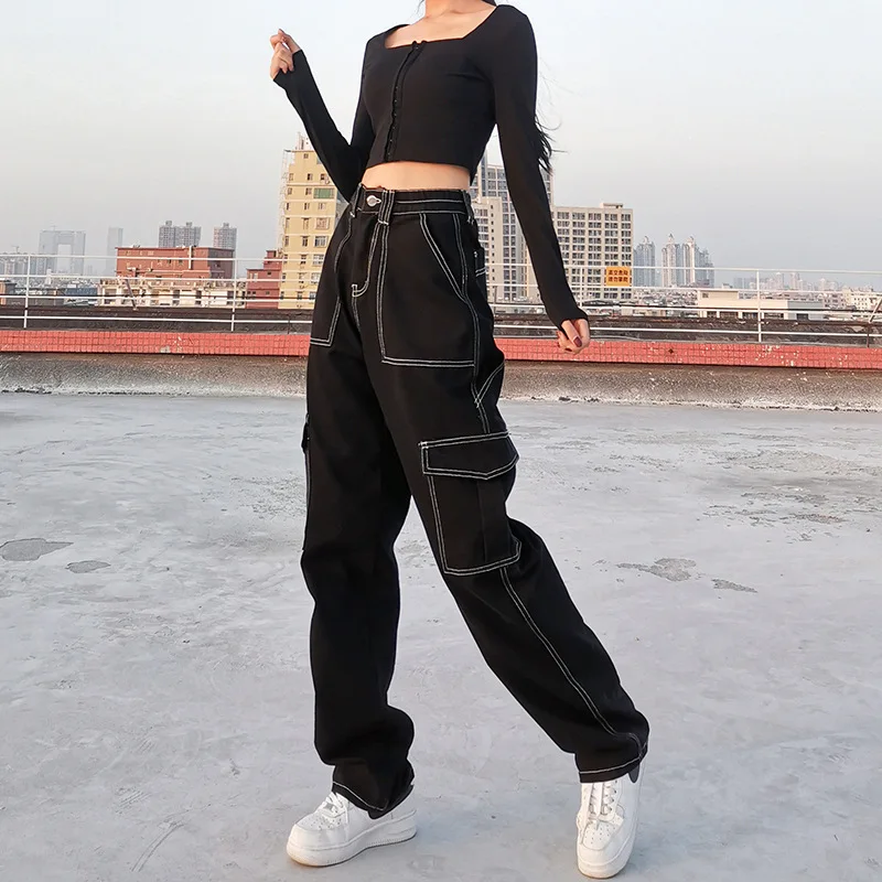 Women Straight Wide Leg Jeans, Trendy Hip Hop Style High Waist Relaxed Fit Denim Pants Pockets Decor Spring Autumn Wear