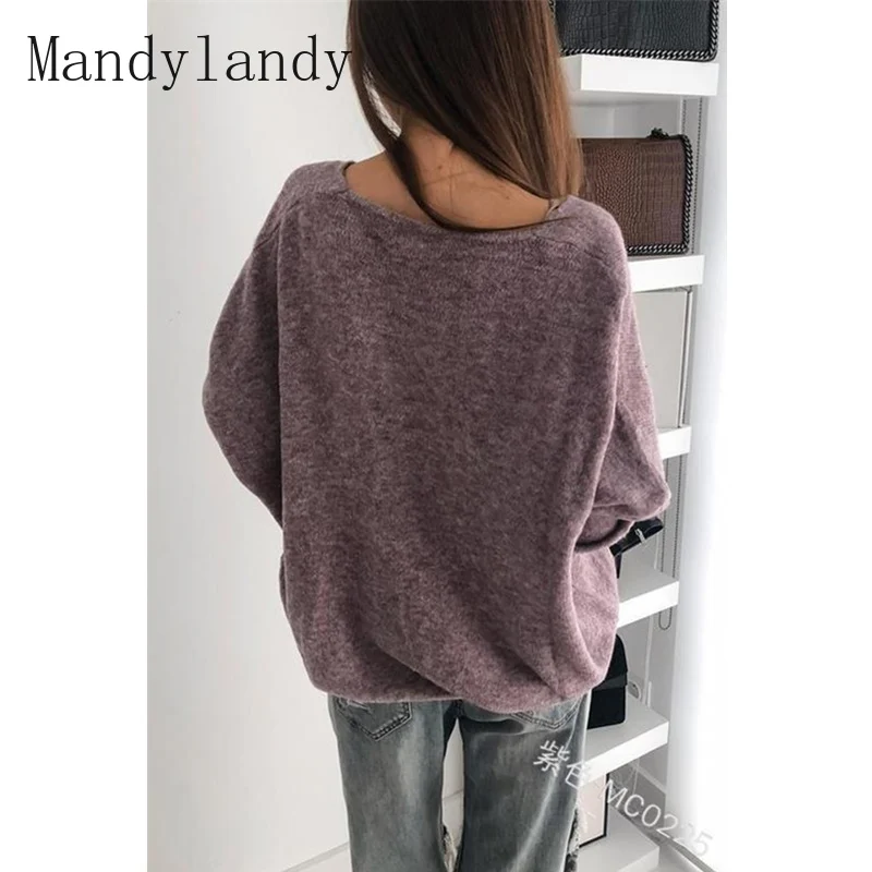 

Mandylandy Women Elegant Knitted Loose Pullover Sweater Top Lady Spring Long Sleeve V Neck Solid Color Knitwear Plus Size S-5XL