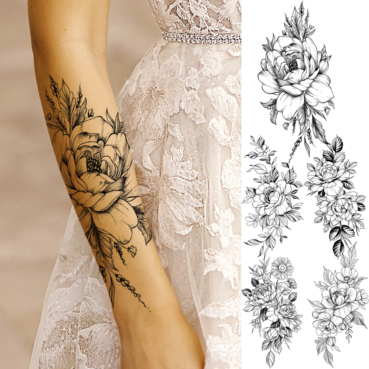 Временные татуировки с черными пионами и цветами для женщин взрослых девочек