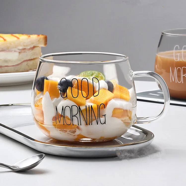 

Creative heat-resistant glass with handle breakfast cup milk cup Good morning oatmeal cup microwaveable glass cup
