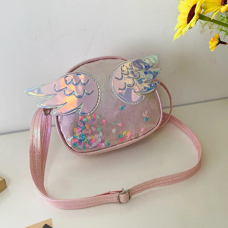 

2021 Brand New Little Girls Zipper Shoulder Bag Toddlers Sweet Style Creative Wing Decoration Drift Sand Laser Messenger Bag