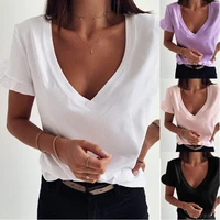 kamucc casual v neck ruffle women t shirts summer simple solid color mmid length top female tops short ssleeve ladies tops s xxl