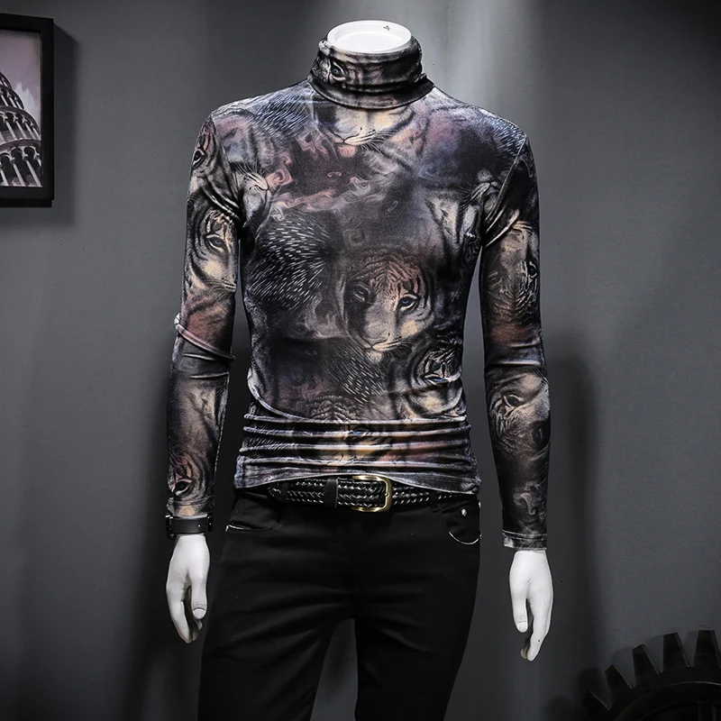 

Casual For Male Club Outfits T-shirt M-5XL 2020 Fashion Brand Clothing Turtleneck Men's T Shirt Animal Print Long Sleeve Fitness